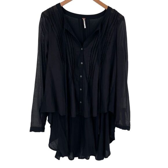 Free People Sisters Of The Moon Pleated Sheer Hi Lo Blouse Women Small Black - Picture 1 of 10
